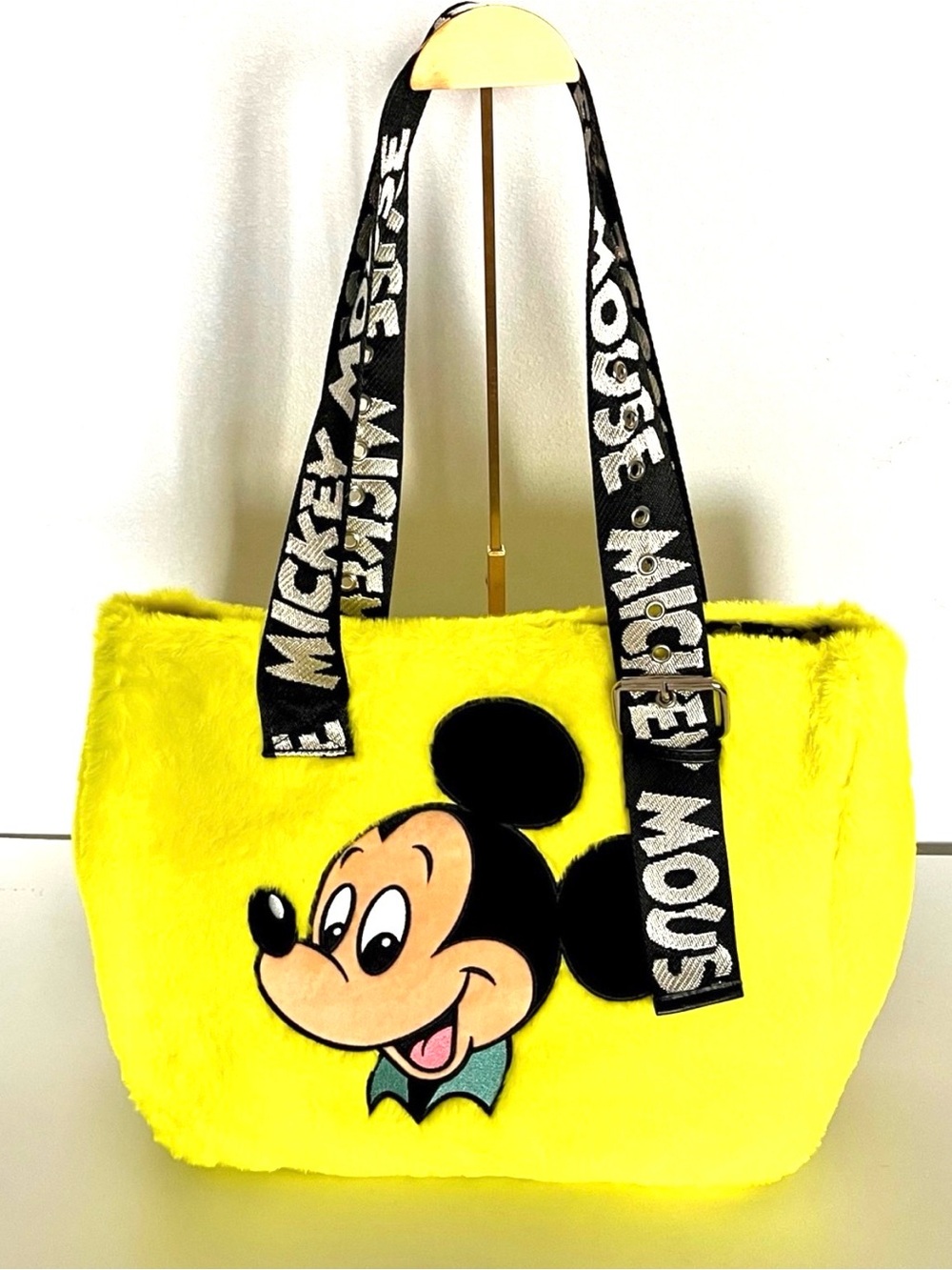 NWT Disney Parks Mickey Mouse Neon Yellow Fuzzy Faux Fur Tote Bag - Pristine